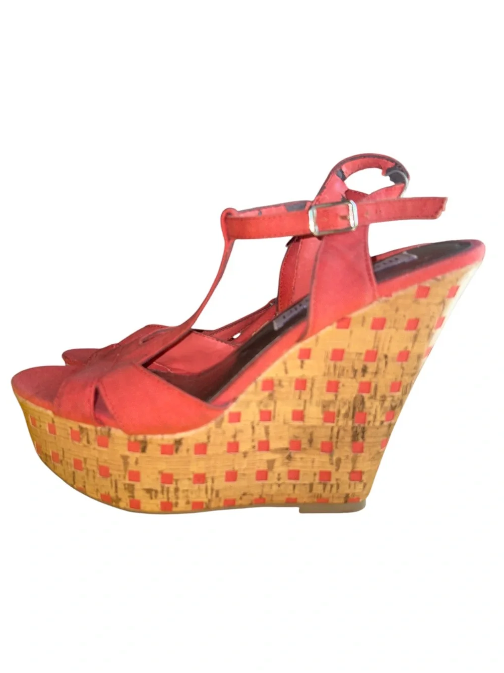 Madden Girl Coral Red T-Strap Wedge Sandals